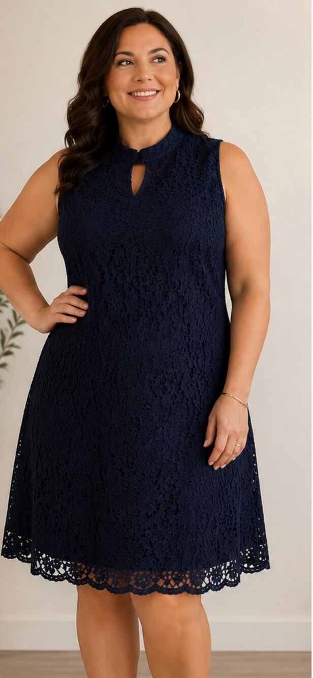 Scarlett Navy Blue Lace Lined Knee Length Sheath Dress Size 18W W/Keyhole Neck